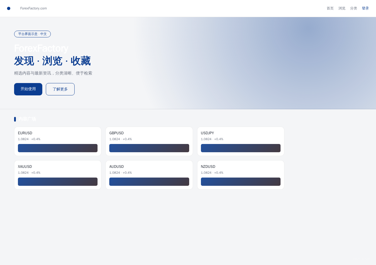 ForexFactory 平台界面预览 - 首页界面示意